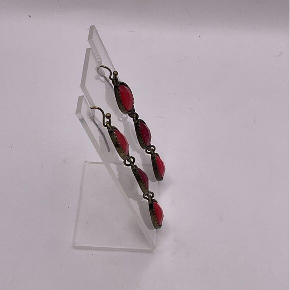 Red Teardrop Dangle Earrings With Silver Tone Accents - Picture 2 of 3